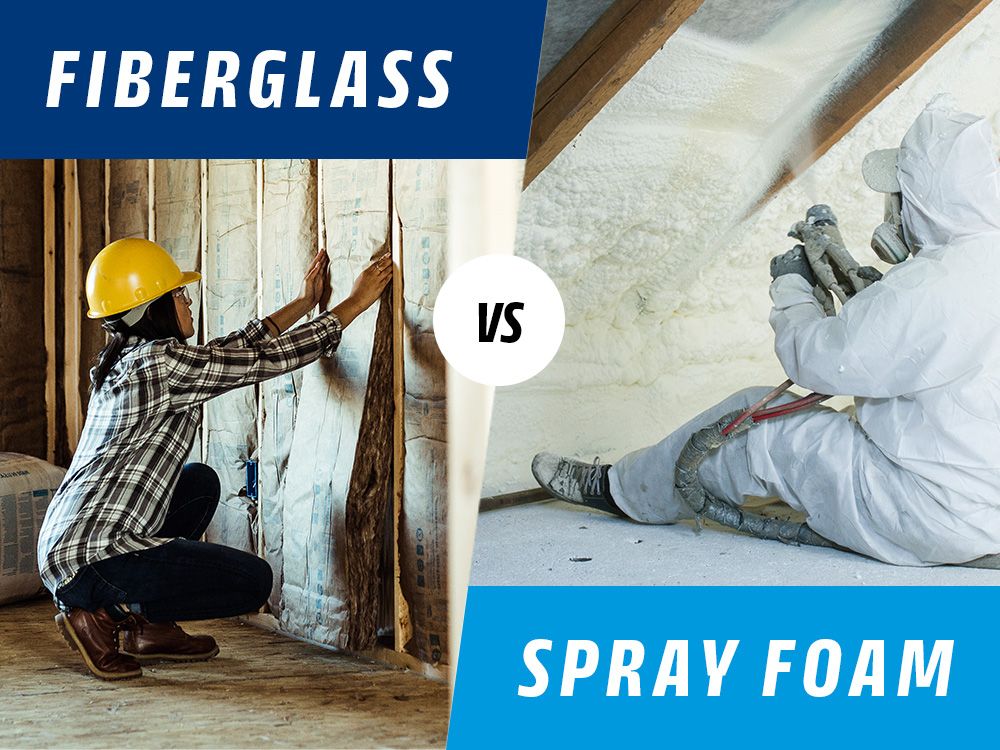 Side-by-side comparison: a worker installing fiberglass batt insulation in a wall cavity on the left, a worker in protective gear spraying foam insulation in an attic on the right