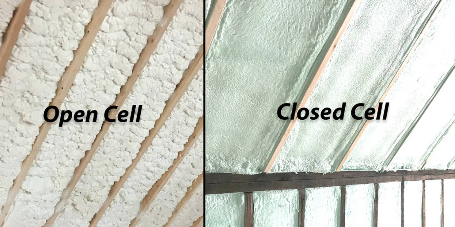 Side-by-side comparison of open-cell spray foam (left) and closed-cell spray foam (right) installed between roof rafters